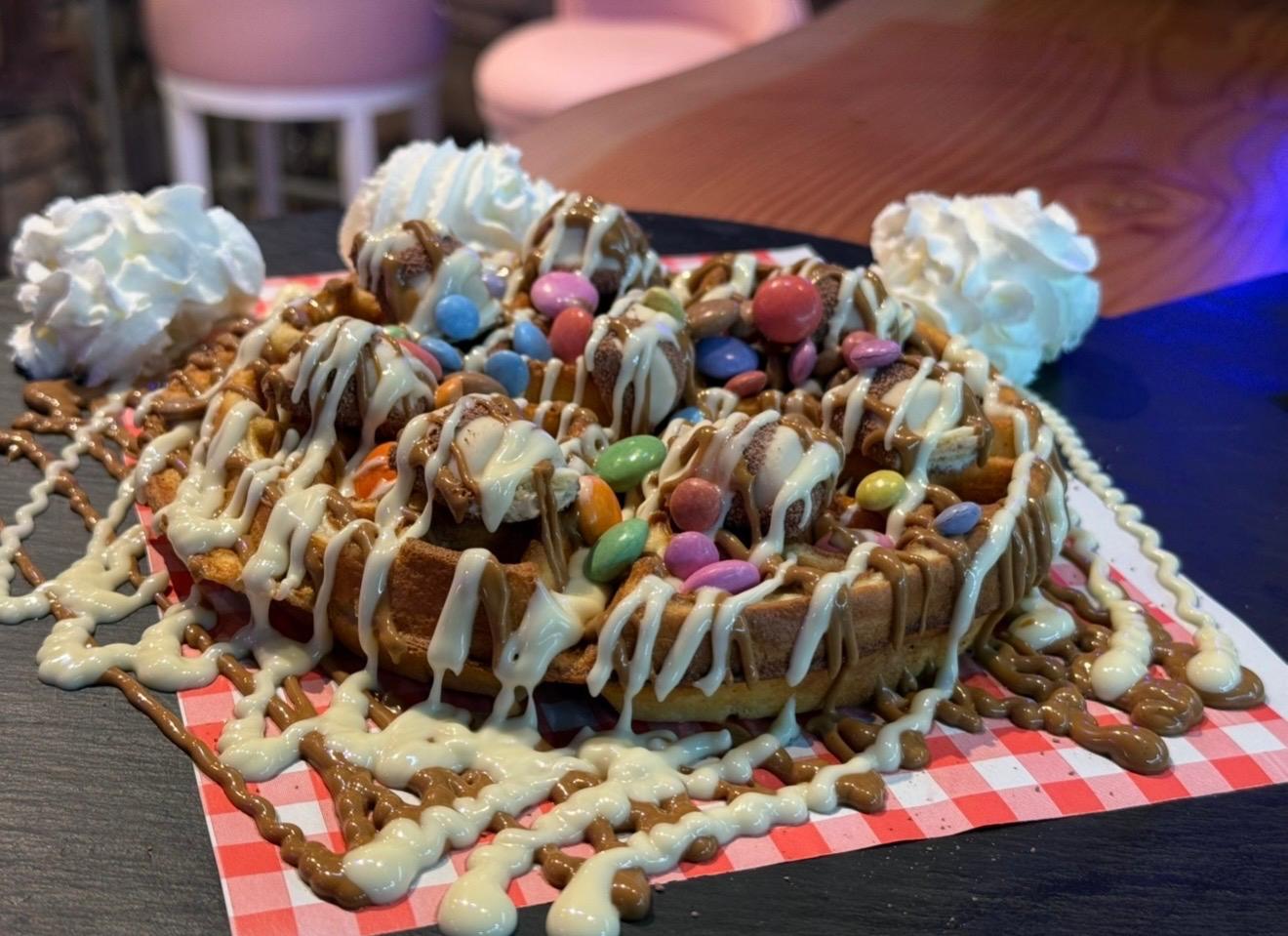 Loaded waffle with chocolate and sweets